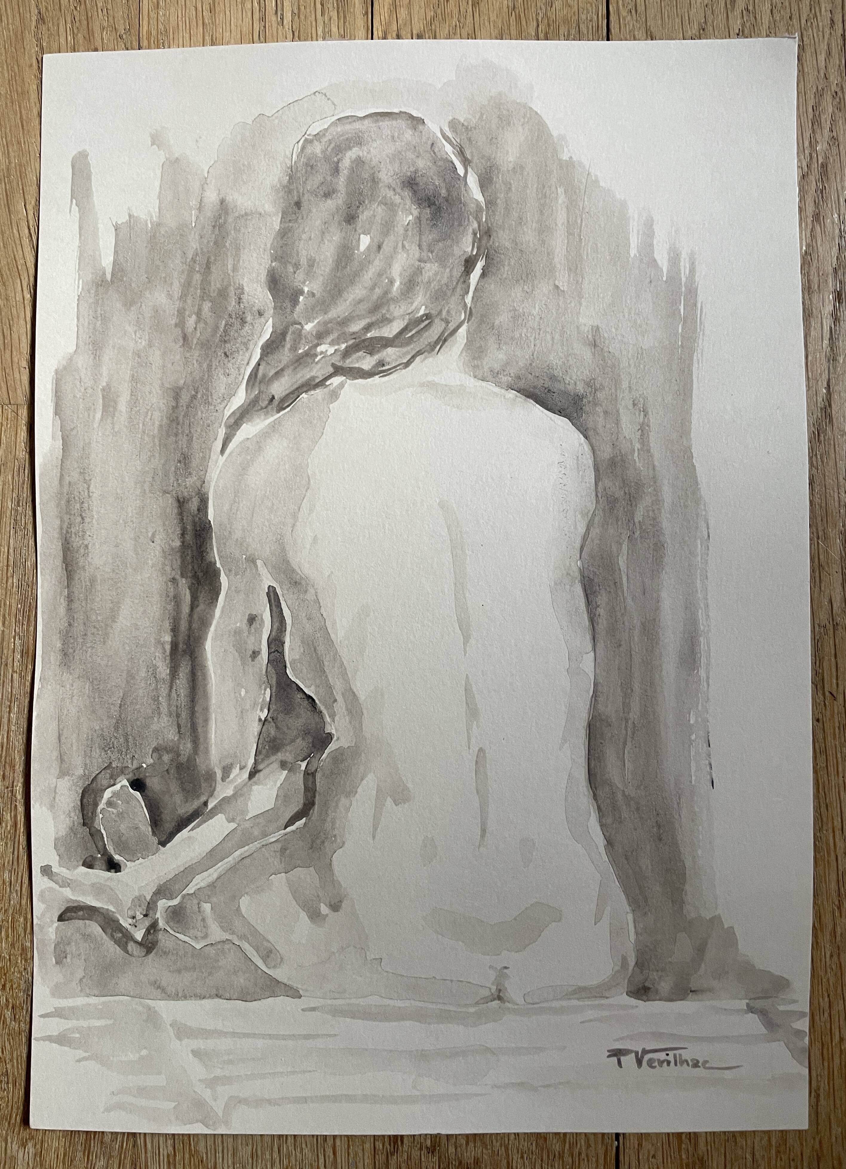 Painting signed watercolor monochrome sepia female nude portrait seated from behind