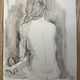 Painting signed watercolor monochrome sepia female nude portrait seated from behind
