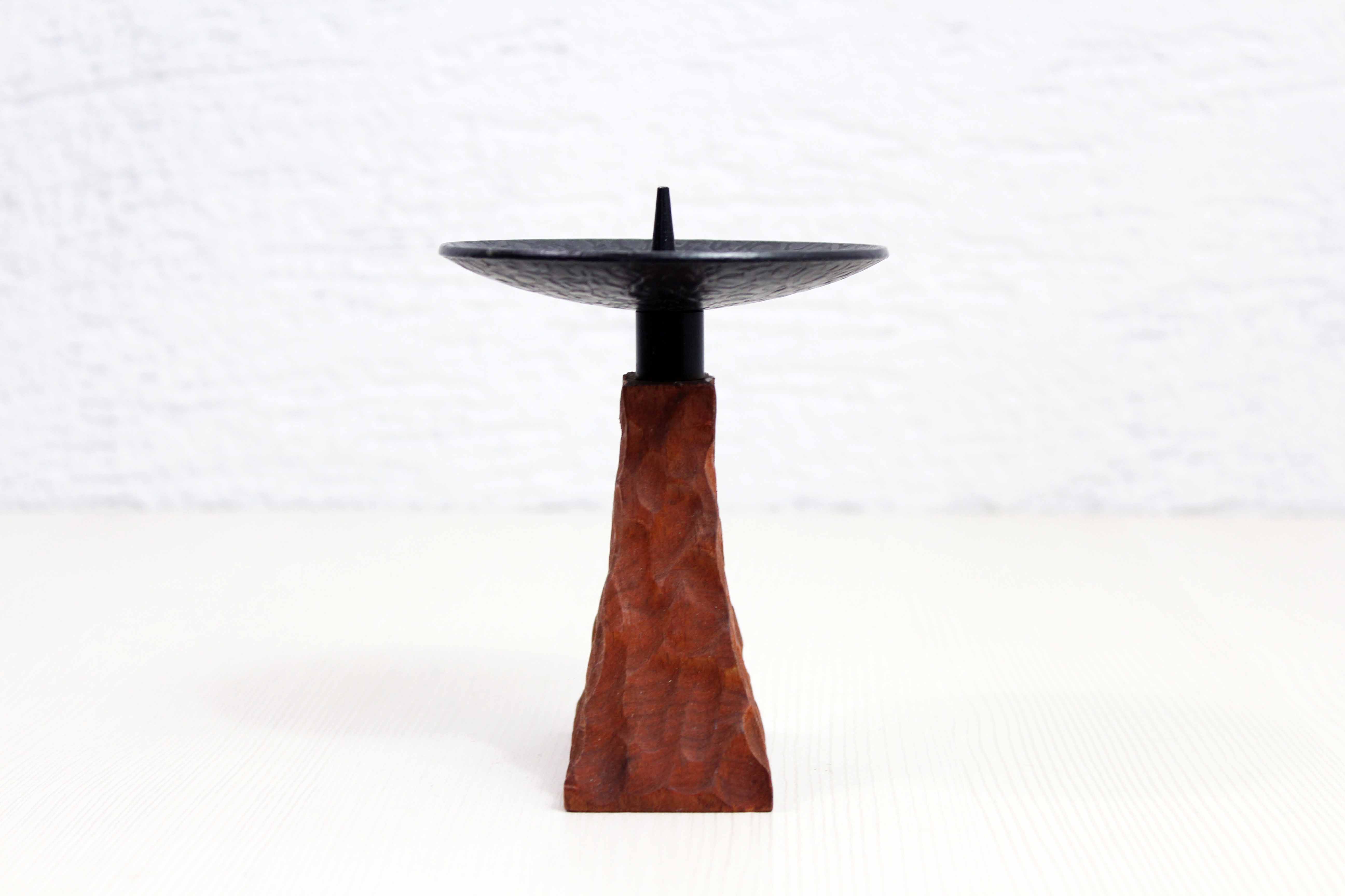 Brutalist teak and metal candle holder