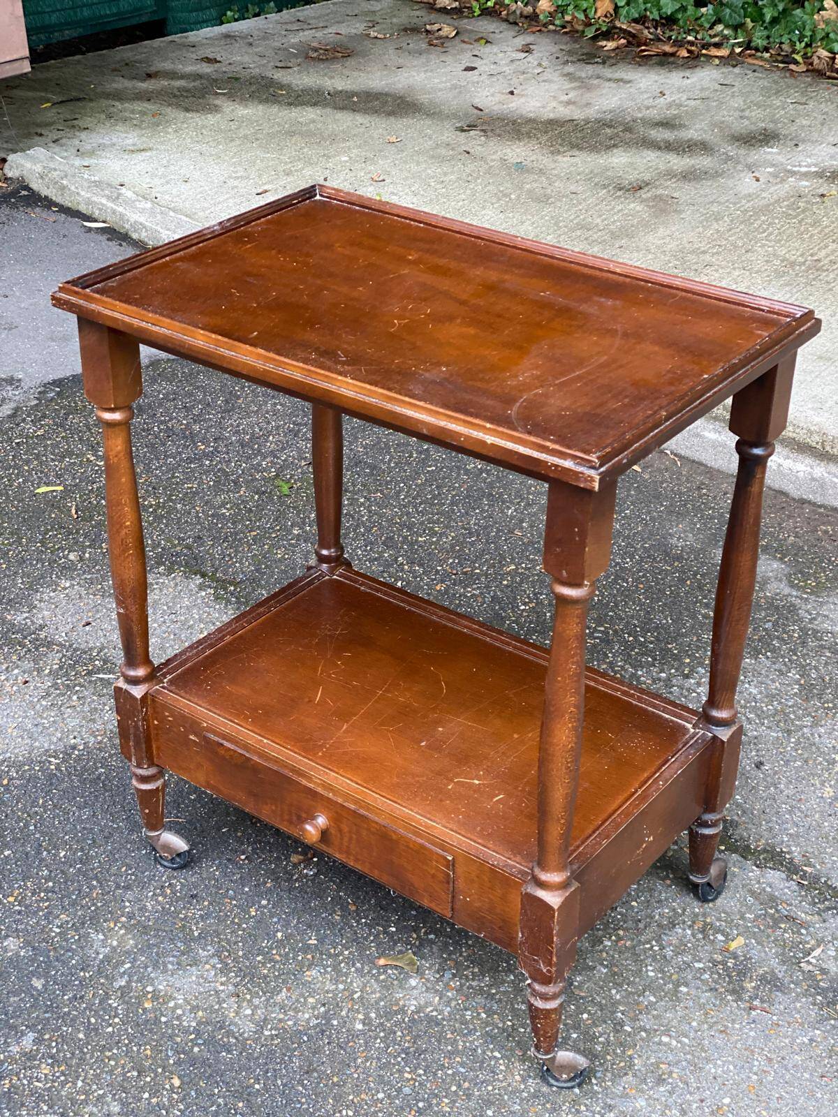 Vintage serving trolley dessert bar cart on wheels with wooden drawer m