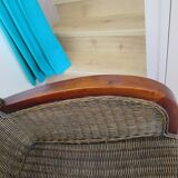 2 armchairs in woven rattan and wood, 1980s