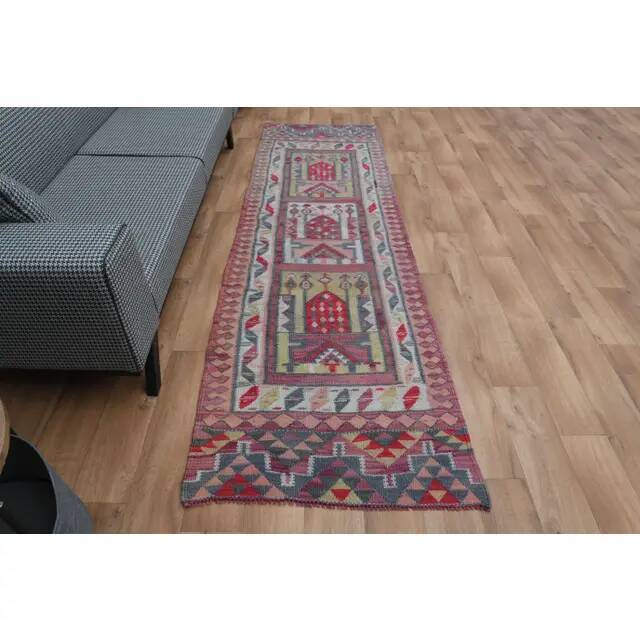 1970s Vintage Turkish Oushak Handmade Wool Cotton Pink Runner Rug 86x286