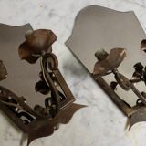 Pair of Art Deco wrought iron and smoked glass wall lights