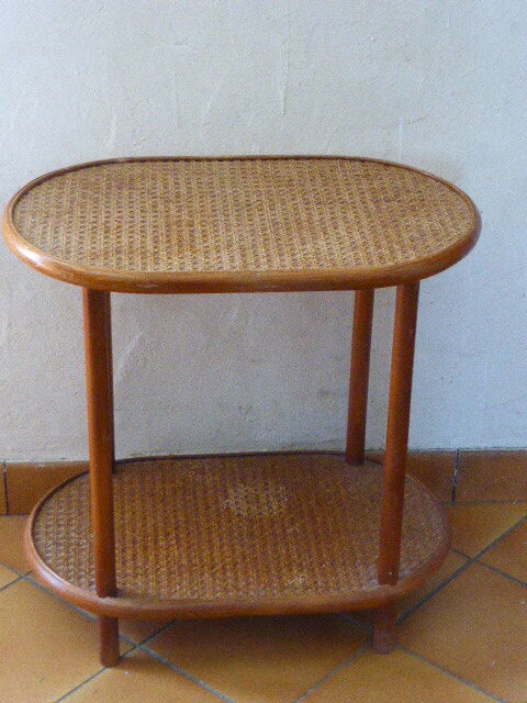 Side table, serving, pedestal, double tray, wood and vintage caning