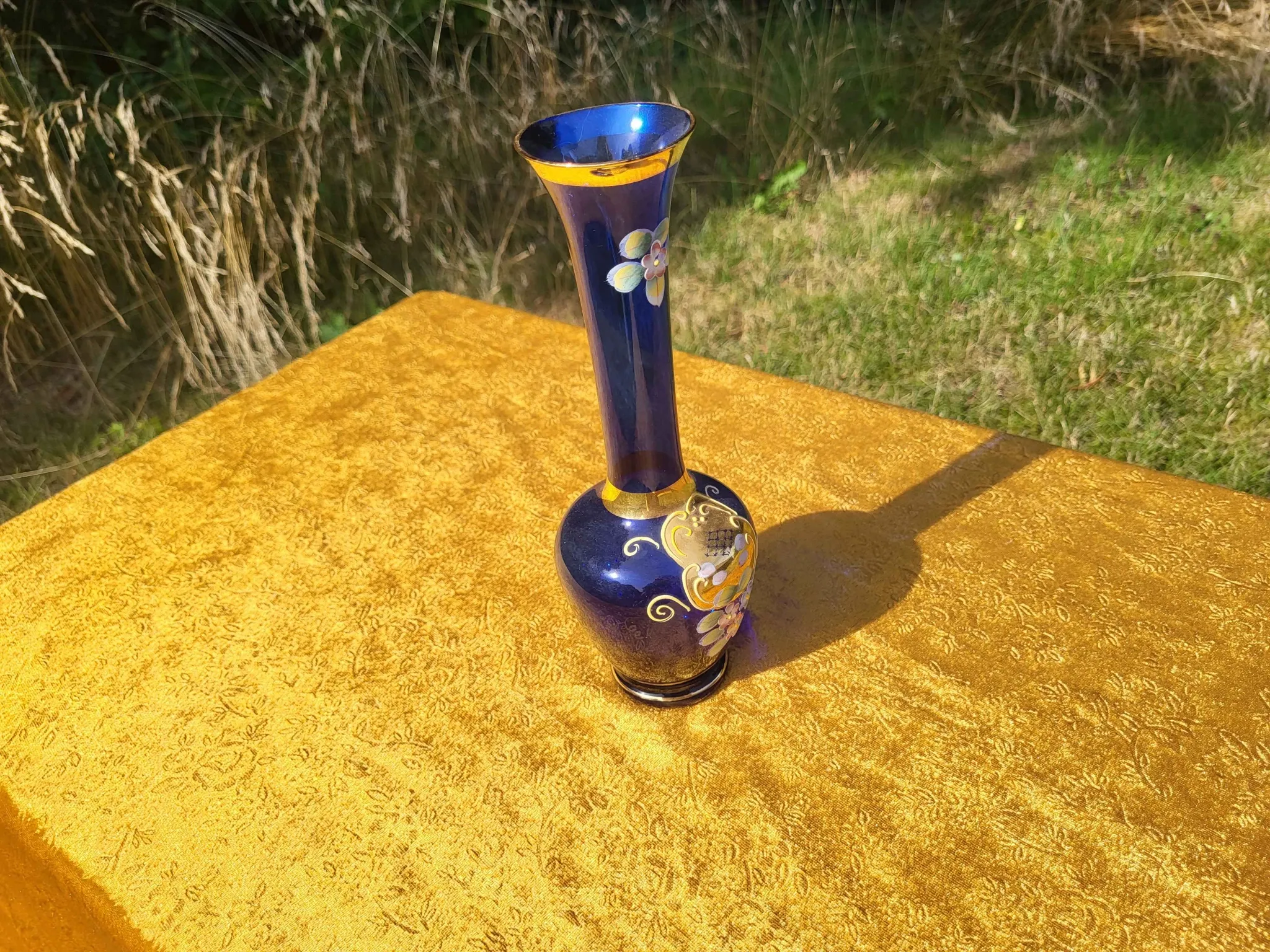 Vintage Bohemian Cobalt Blue Glass Bud Vase | 24K Gold Gilt & Hand-Painted