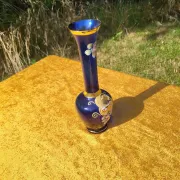 Vintage Bohemian Cobalt Blue Glass Bud Vase | 24K Gold Gilt & Hand-Painted