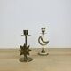 Pair of mother-of-pearl brass candlesticks with moon and sun