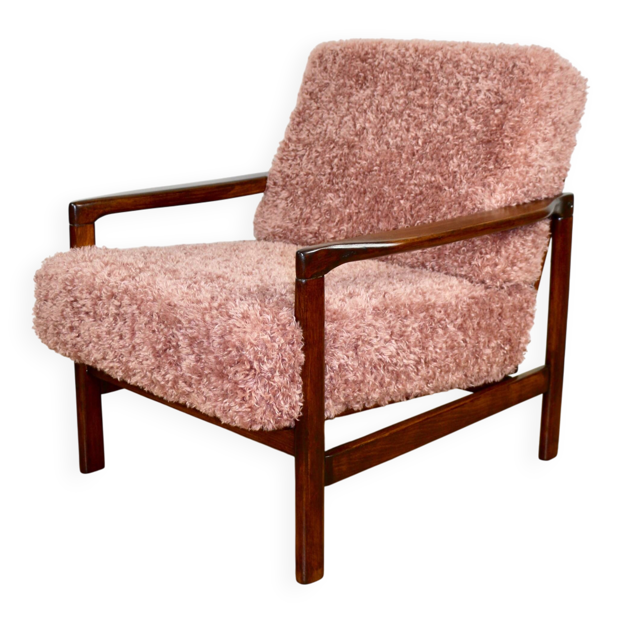 Wooden vintage brown armchair pink long hair proj. Z. Bączyk - 2 pieces available