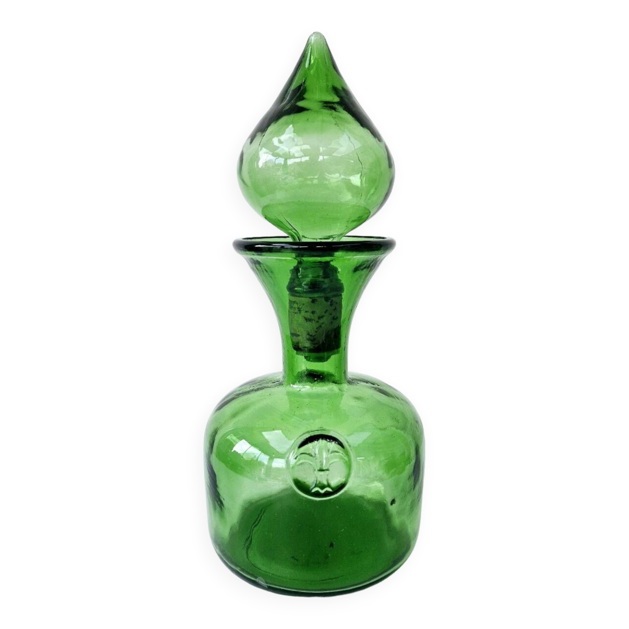 Vintage Green Empoli Italian Glass Carafe With Fleur De Lys Seal Stopper