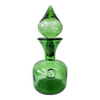 Vintage Green Empoli Italian Glass Carafe With Fleur De Lys Seal Stopper