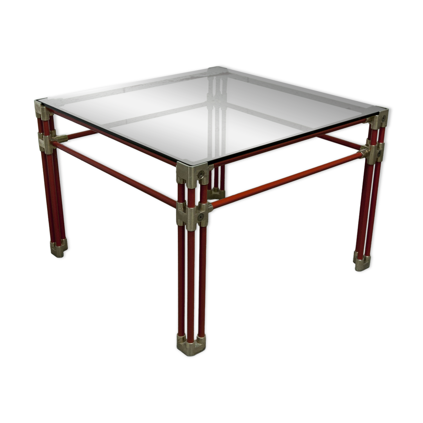 Postmodern Italian design coffee table in smoked glass with red steel structure