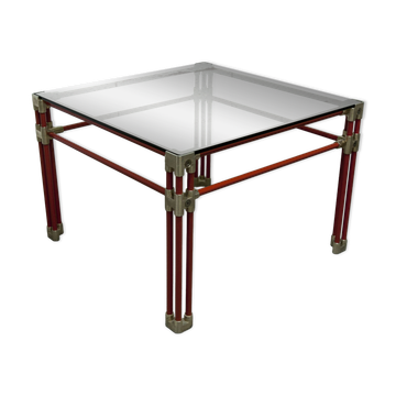 Postmodern Italian design coffee table in smoked glass with red steel structure