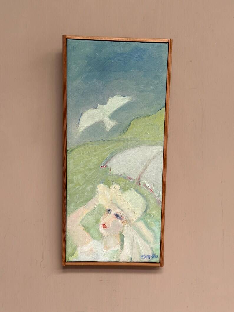 Original Swedish Oil on Canvas – "Woman with Dove" by G.G., 1990 – vintage and framed – 35.5 × 16 cm (13.9" × 6.2")