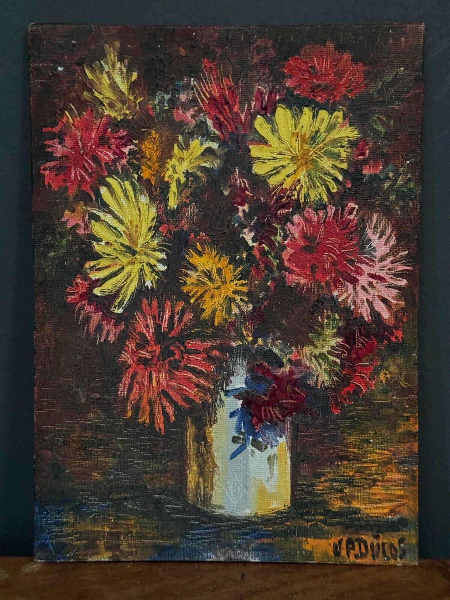 Oil on cardboard by J.-P. Ducos still life 1960 bouquet of flowers