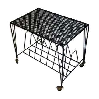 Black metal rolling table with vinyl holders