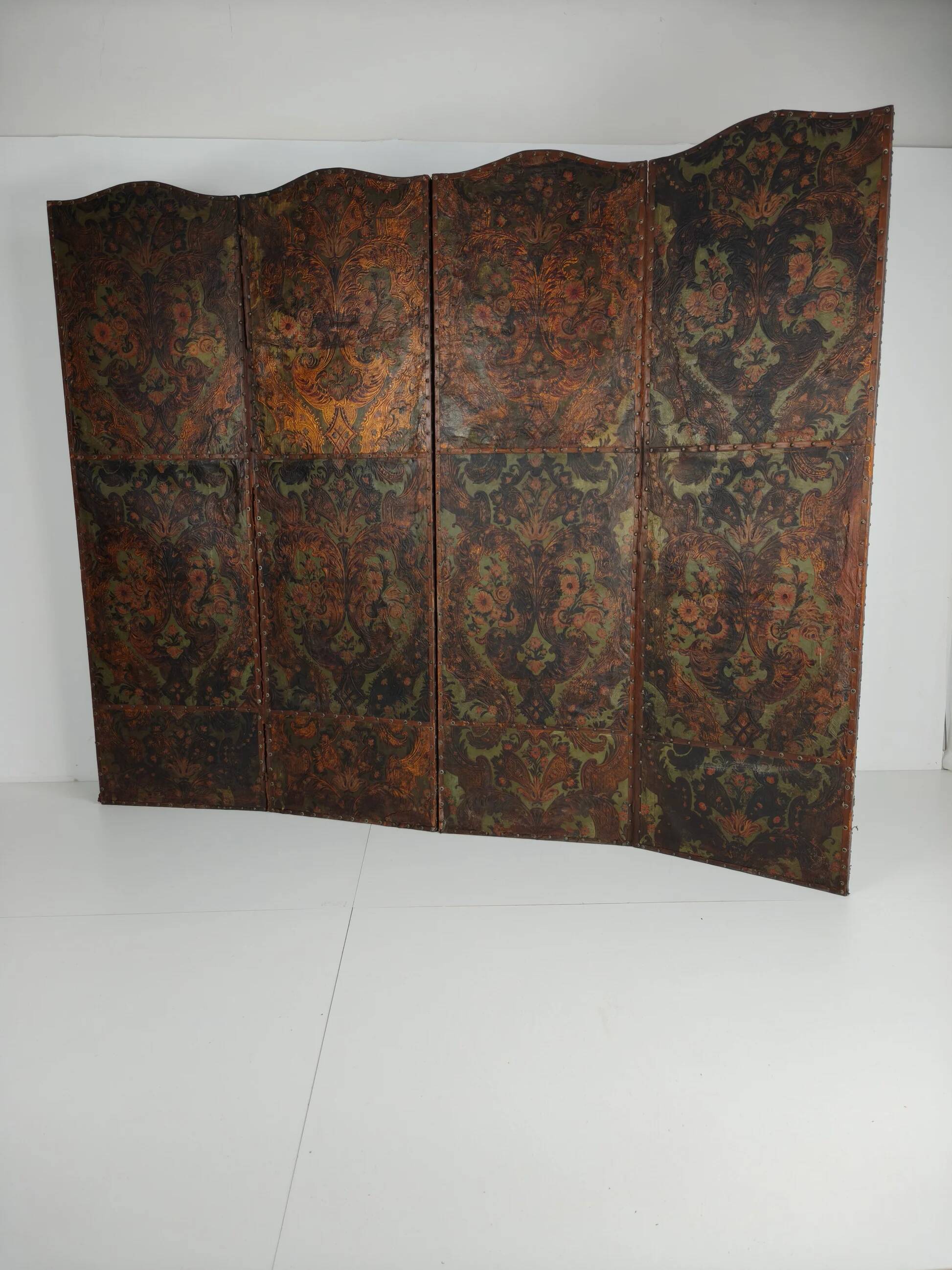 Late 18th-century Belgian embossed leather folding screen – after Daniel Marot