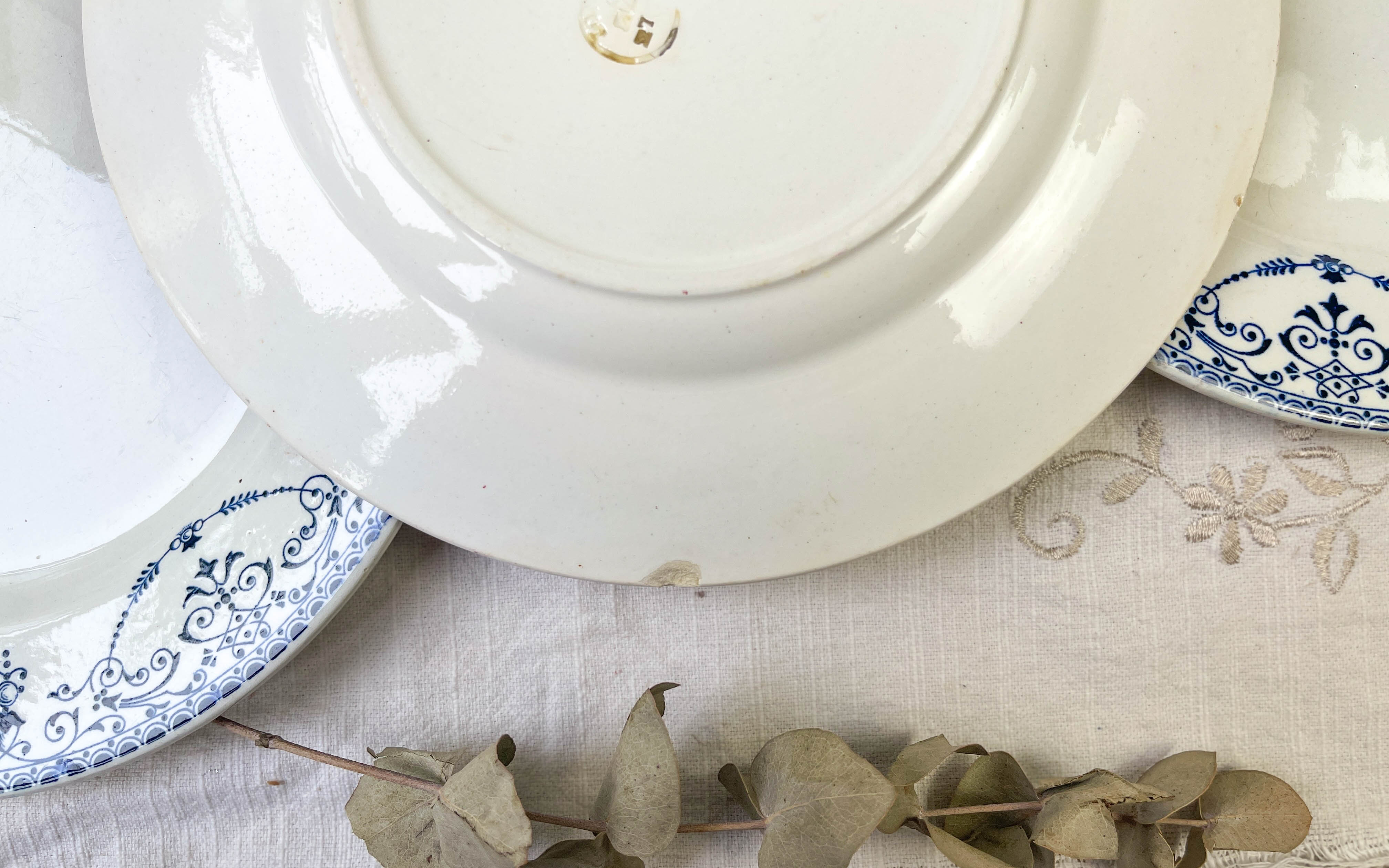 6 flat plates Terre de Fer blue red mismatched