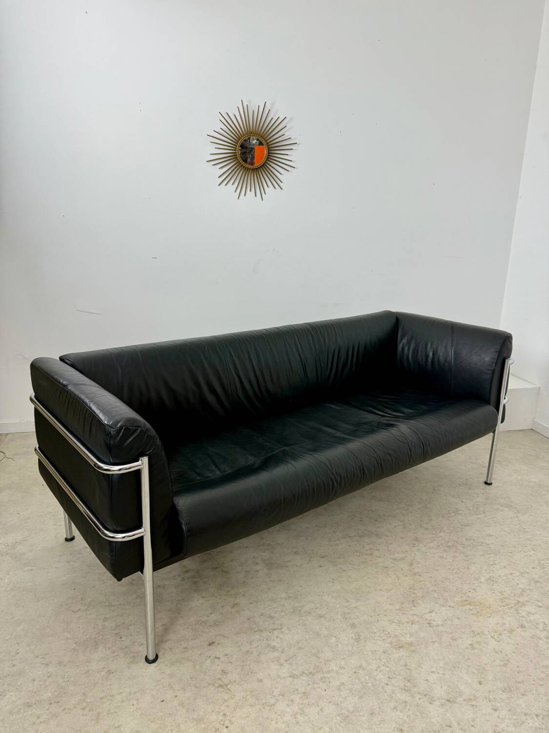 Old 3-seater sofa in tubular and black leather by Kébé, Denmark 1970s