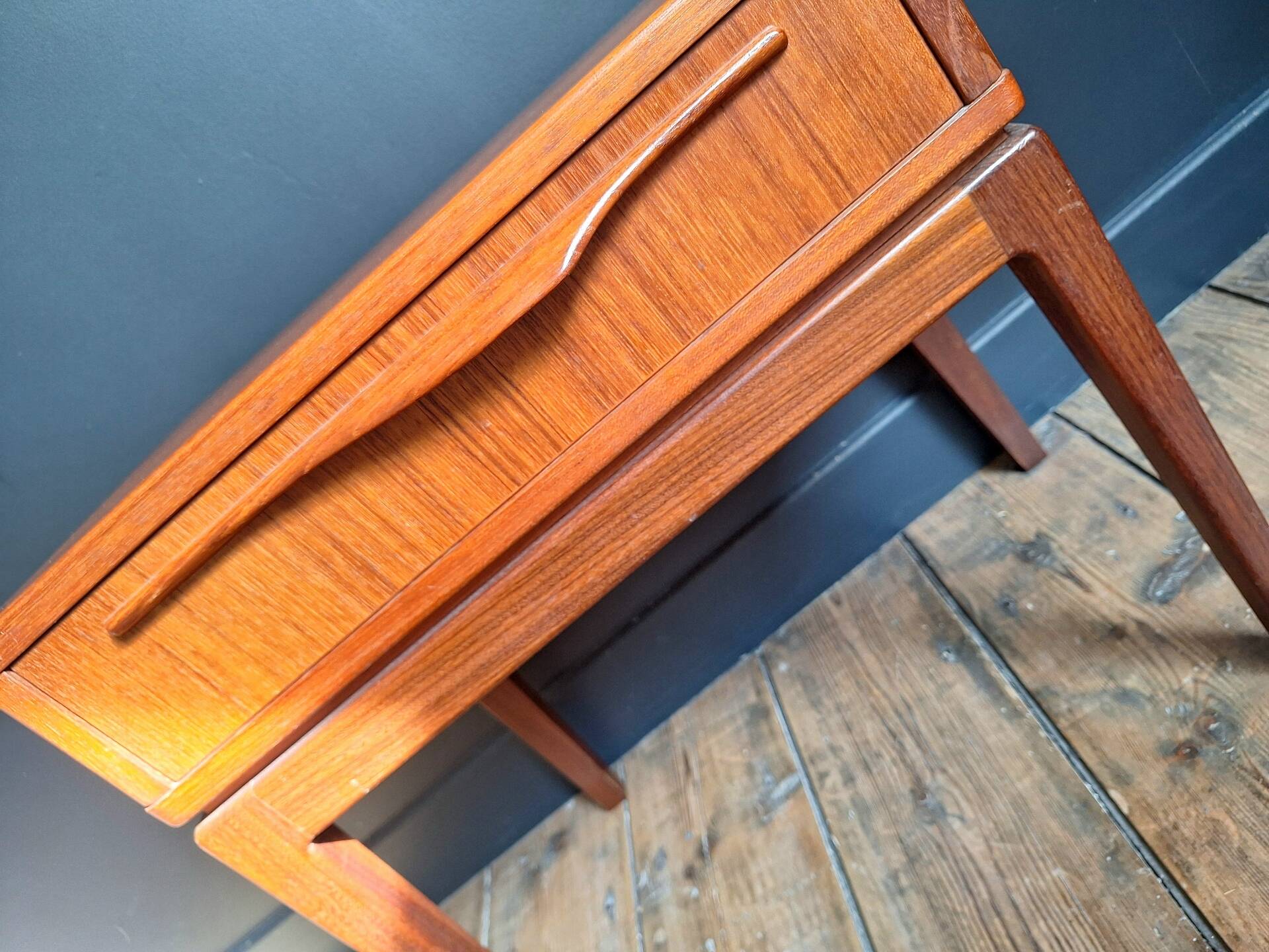 Vintage teak bedside table, Scandinavian design nightstand, accent furniture.