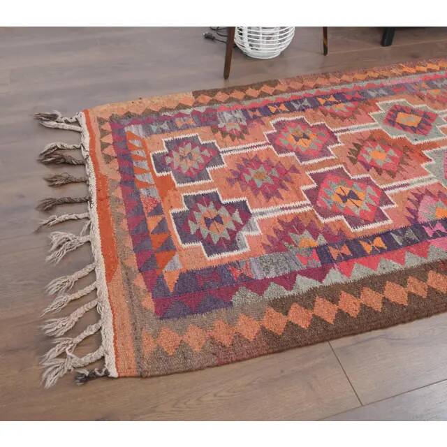 1970s Vintage Turkish Hand-Knotted Wool Cotton Orange Runner Rug 104x365