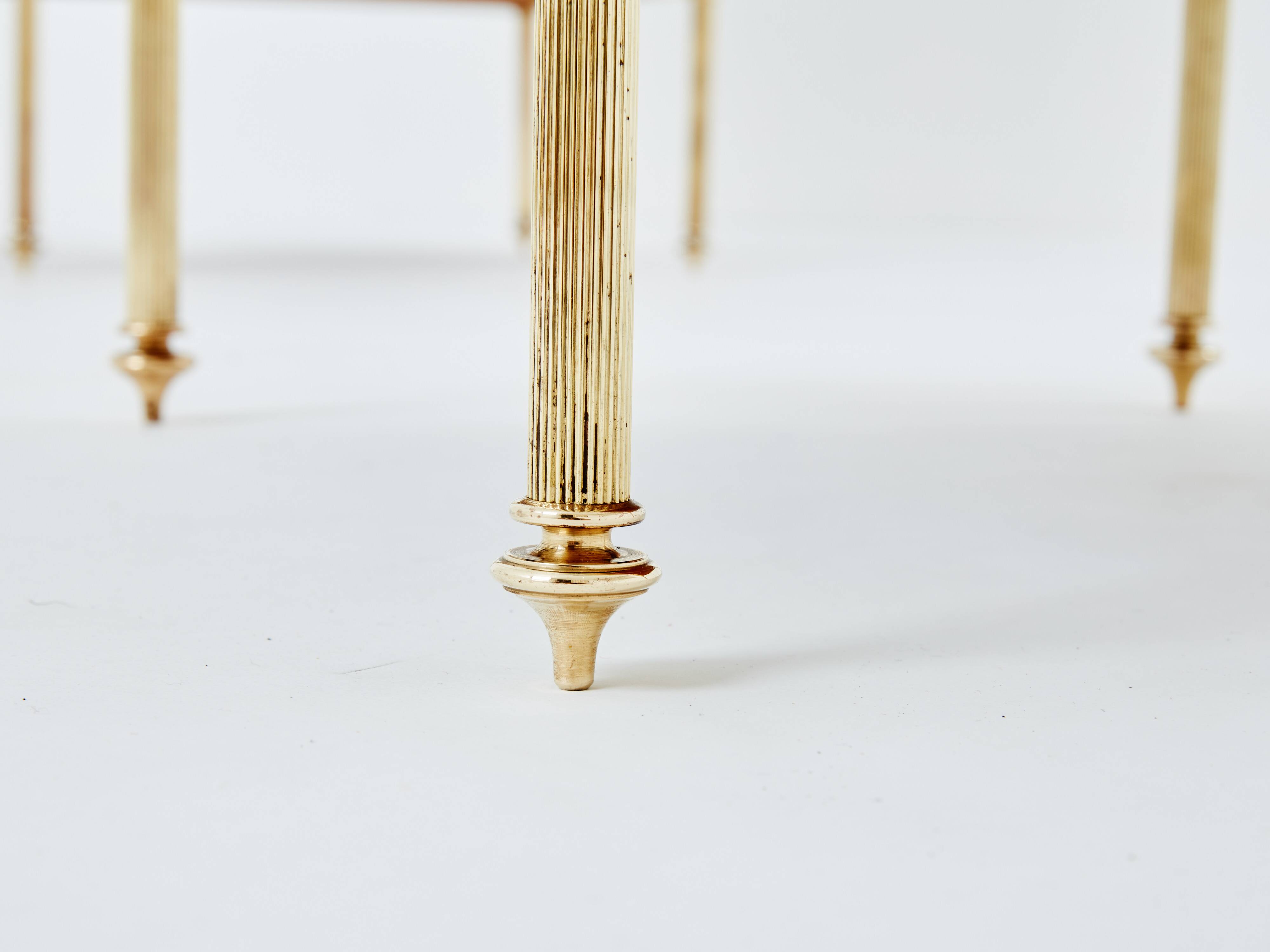 Pair of neoclassical brass leather side tables style Maison Jansen 1970