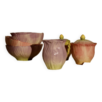 Vintage pink and mauve floral slip tea set - 8 pieces - Cottage core