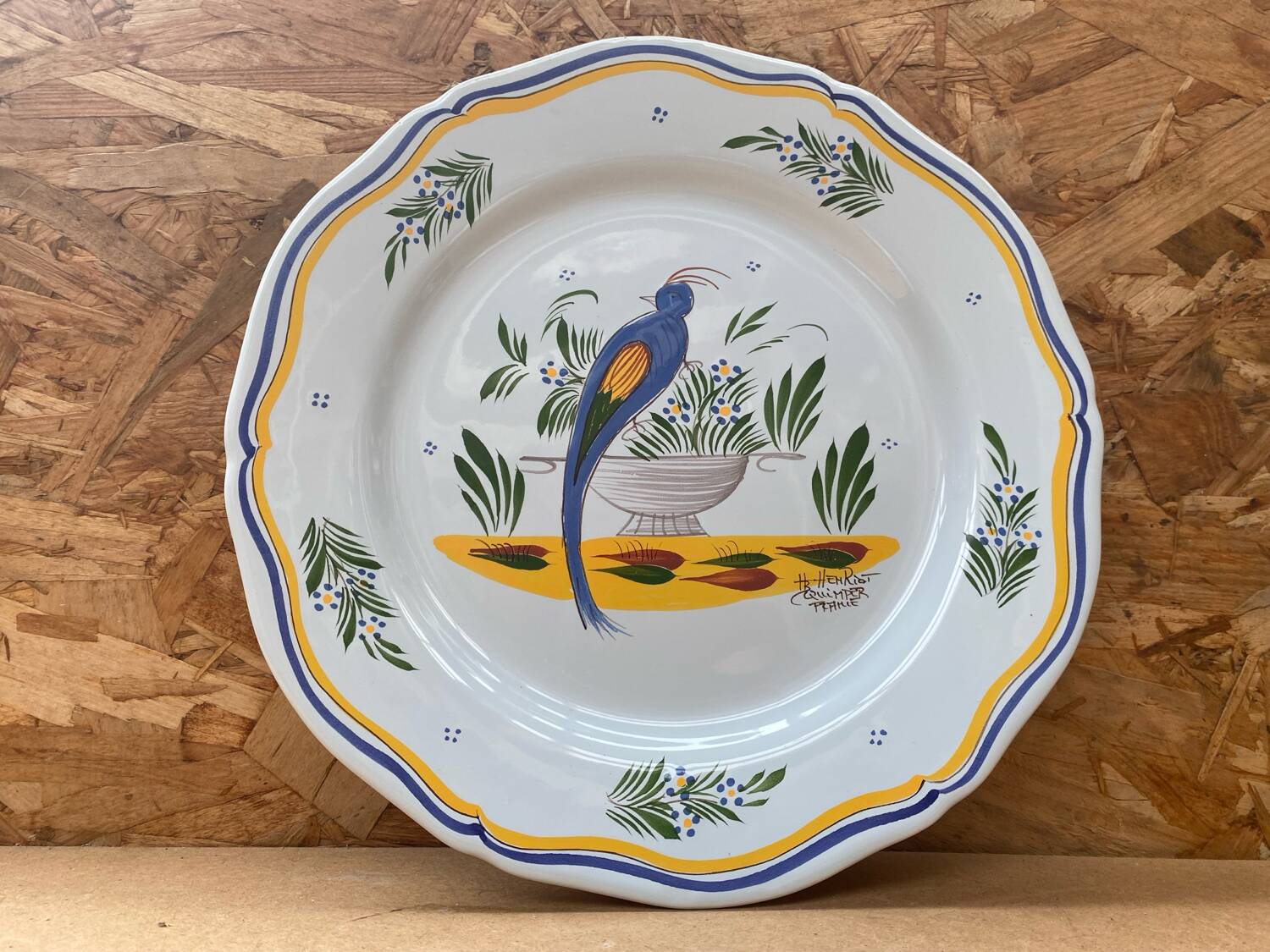 Old quimper henriot ceramic plate vintage bird decor #b190