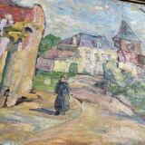 Vintage Impressionist canvas - lively village scene, signed