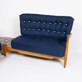 Grande banquette éventail d'angle en chêne, Guillerme et Chambron, 1970s