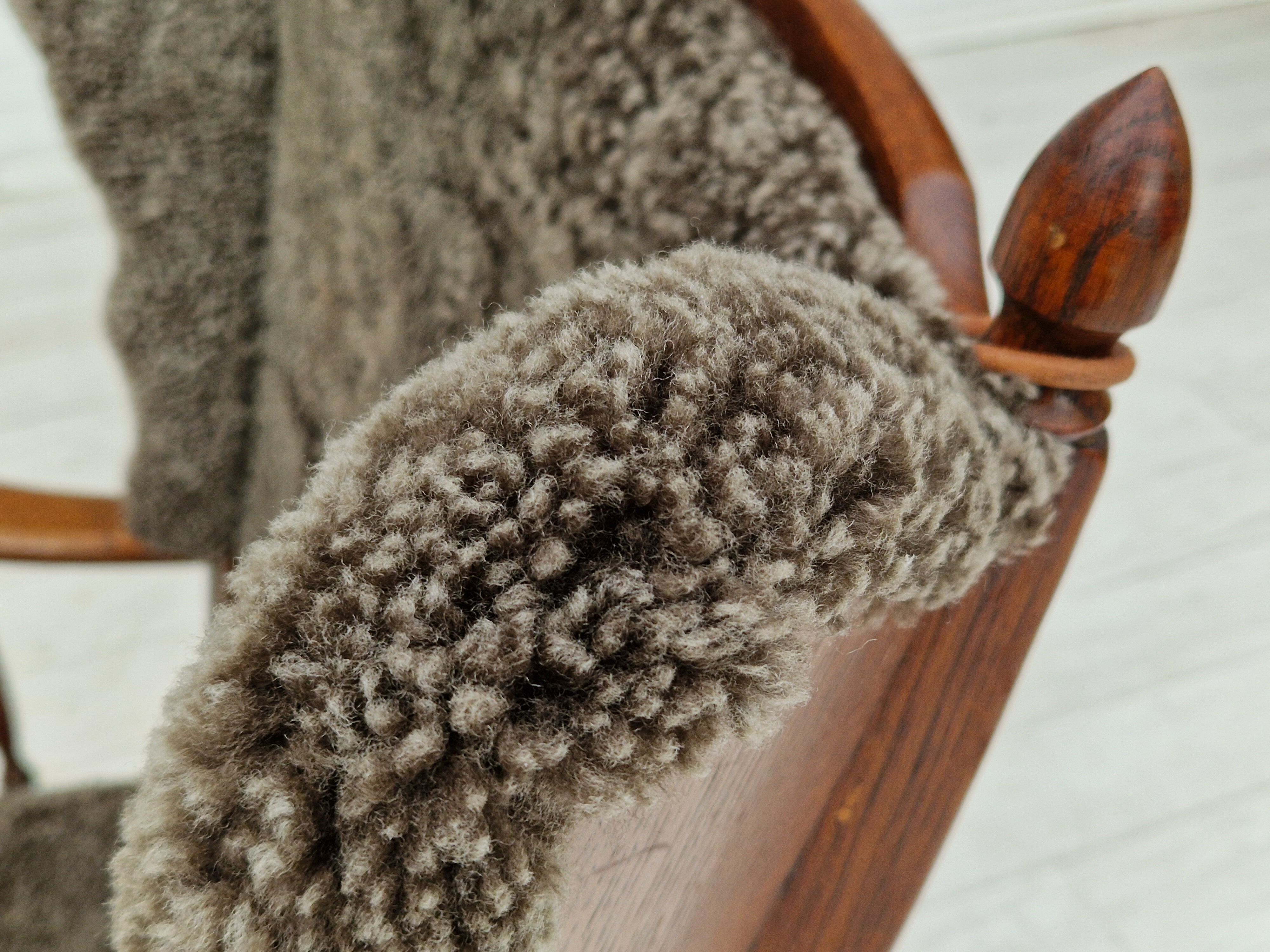 1960s, danish design, renovated-reupholstered high-back ear flap chair, sheepskin, oak wood