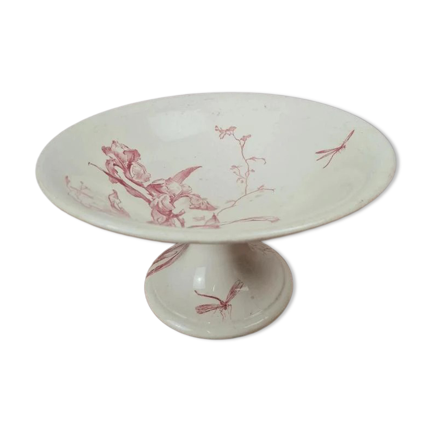 Large footed compote Gien model Iris with red floral decoration.
