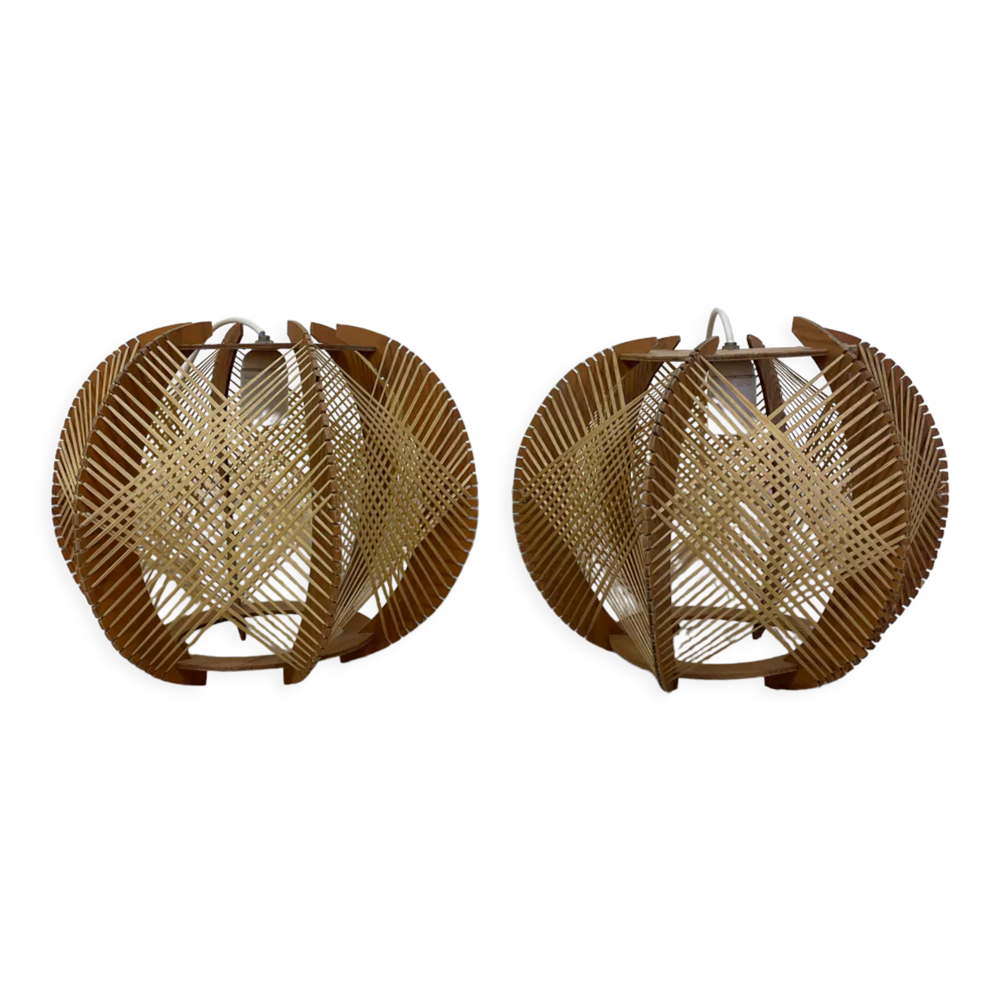 Pair of Scandinavian pendant lamps in wood and wires