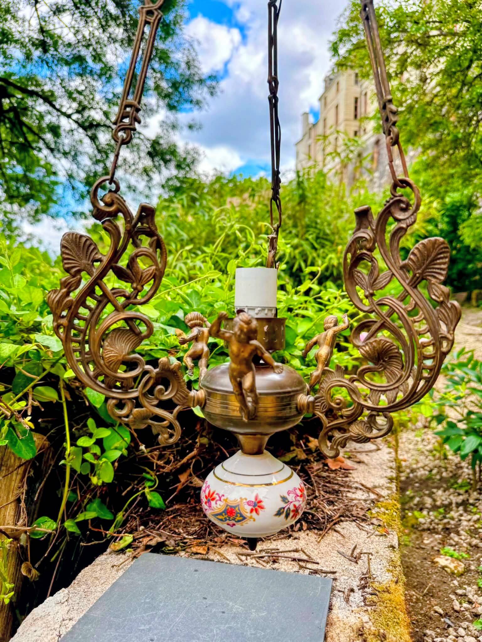 Bronze and porcelain Art Nouveau chandelier