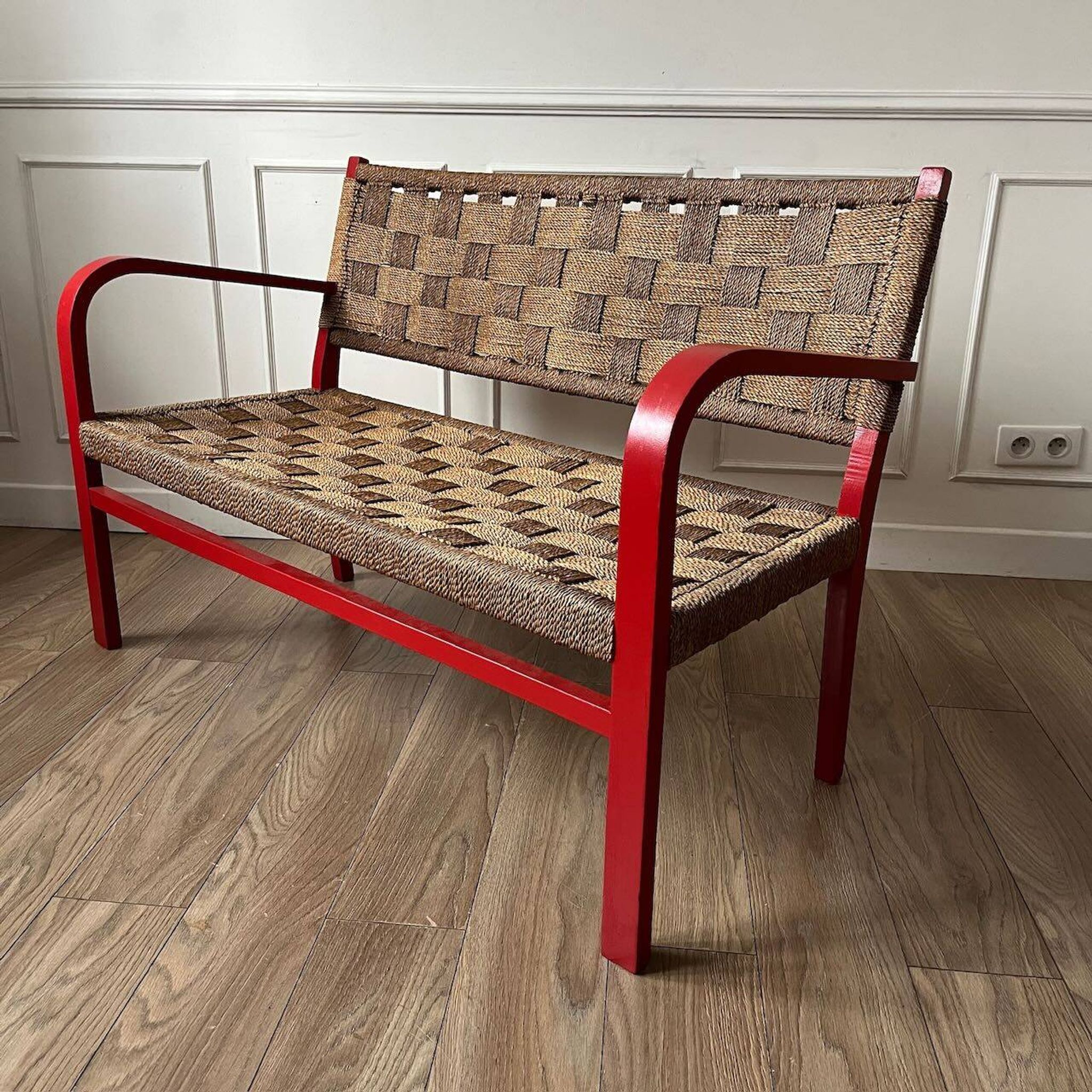 Vintage bench in red wood and rope