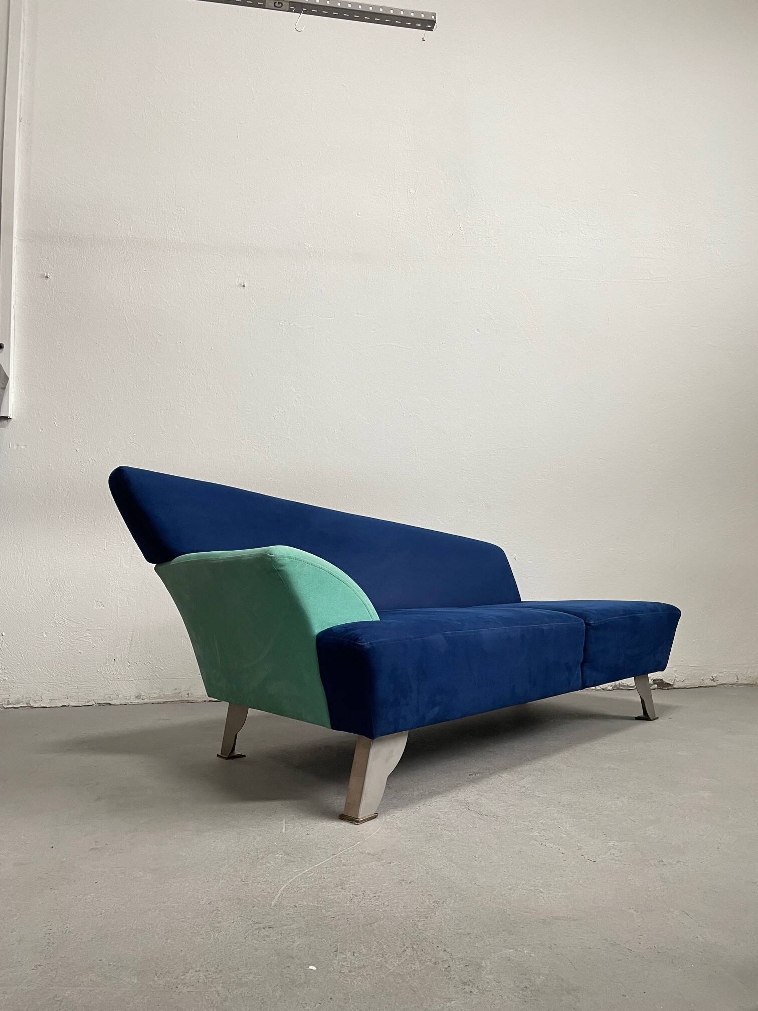 Memphis Style 2-Seat Sofa in Blue Microfibre Fabric, Postmodern 1980s Era