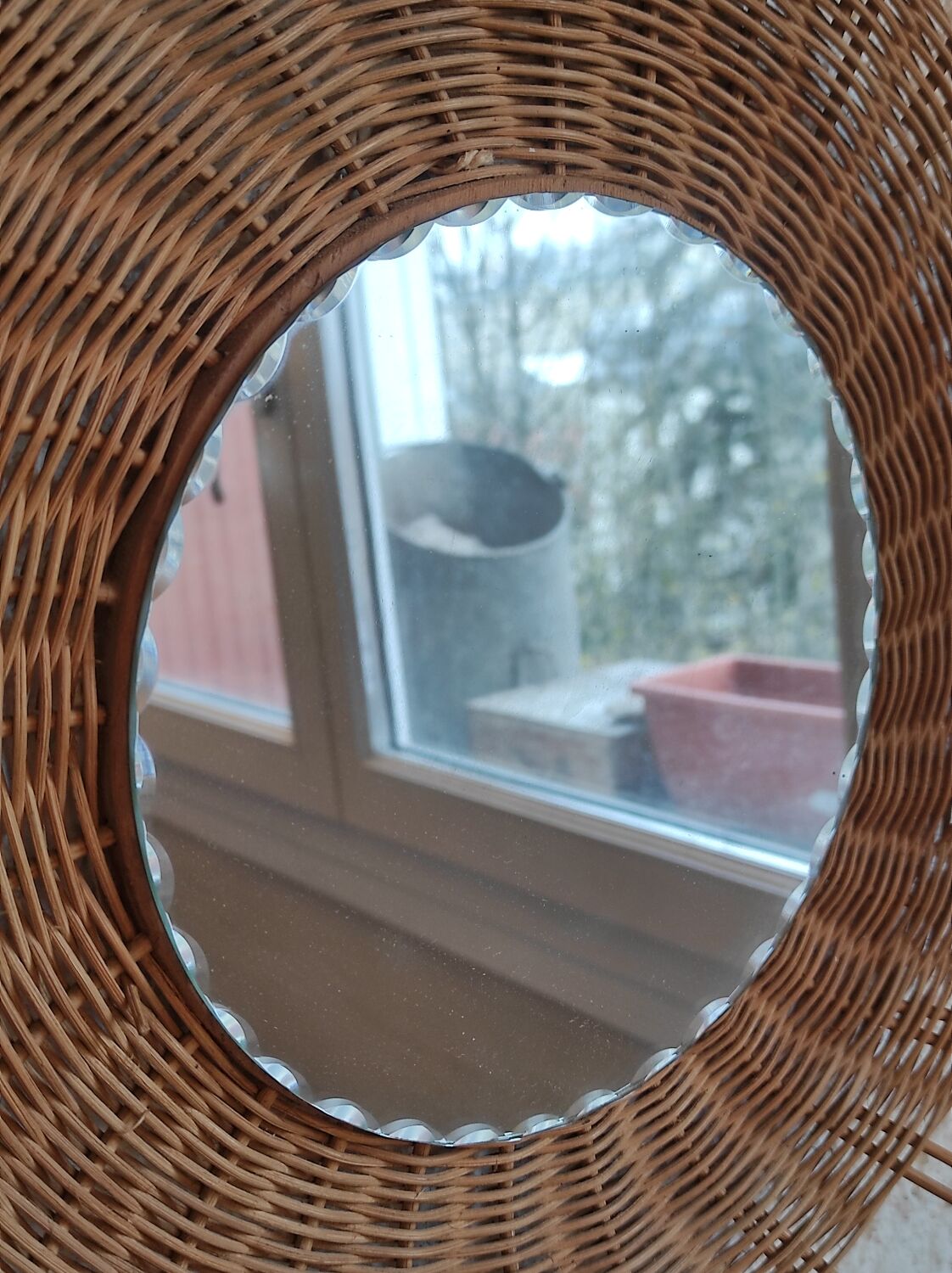 Miroir fleur soleil vintage en osier rotin verre biseauté