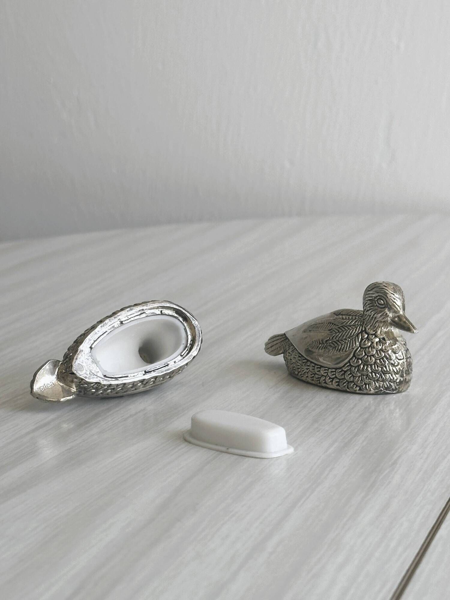 Silver plated duck shaped salt and pepper shakers
