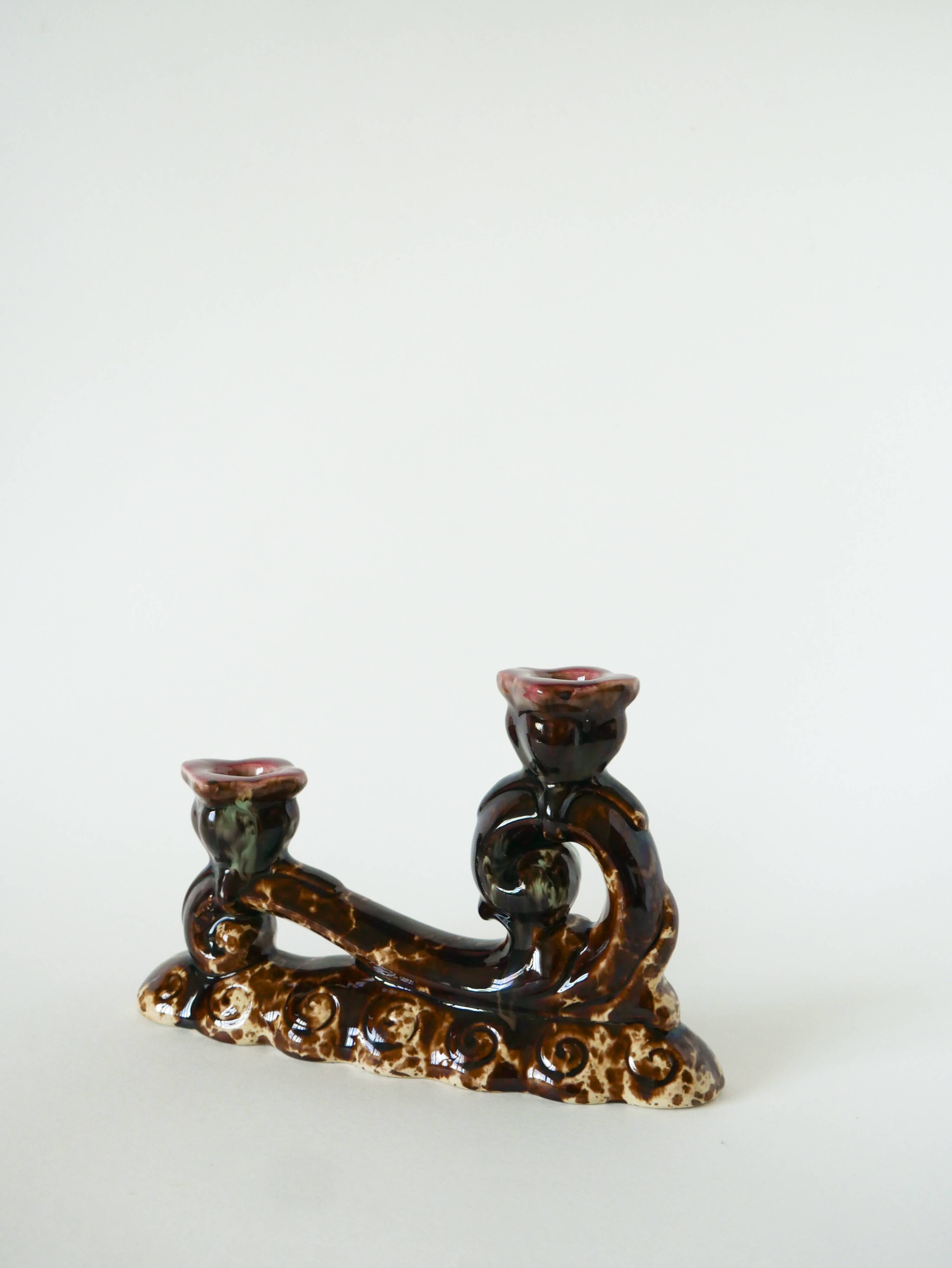 pair of double ceramic candlesticks, Brown & Pink, 1970
