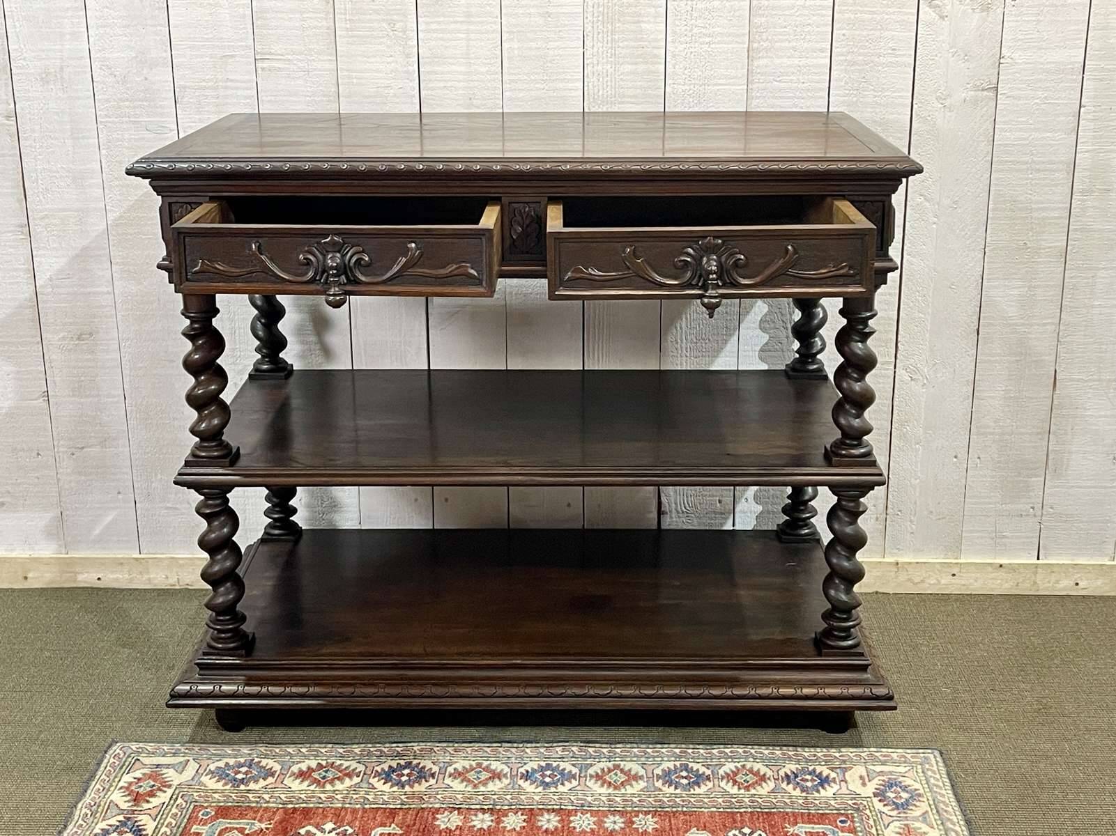 Henry II late 19th century oak serving trolley - top opens into a dresser