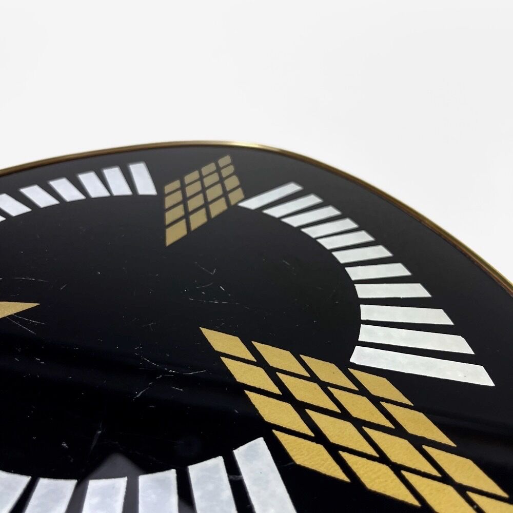 Pedestal table tripod glass wood and brass graphic patterns 50s