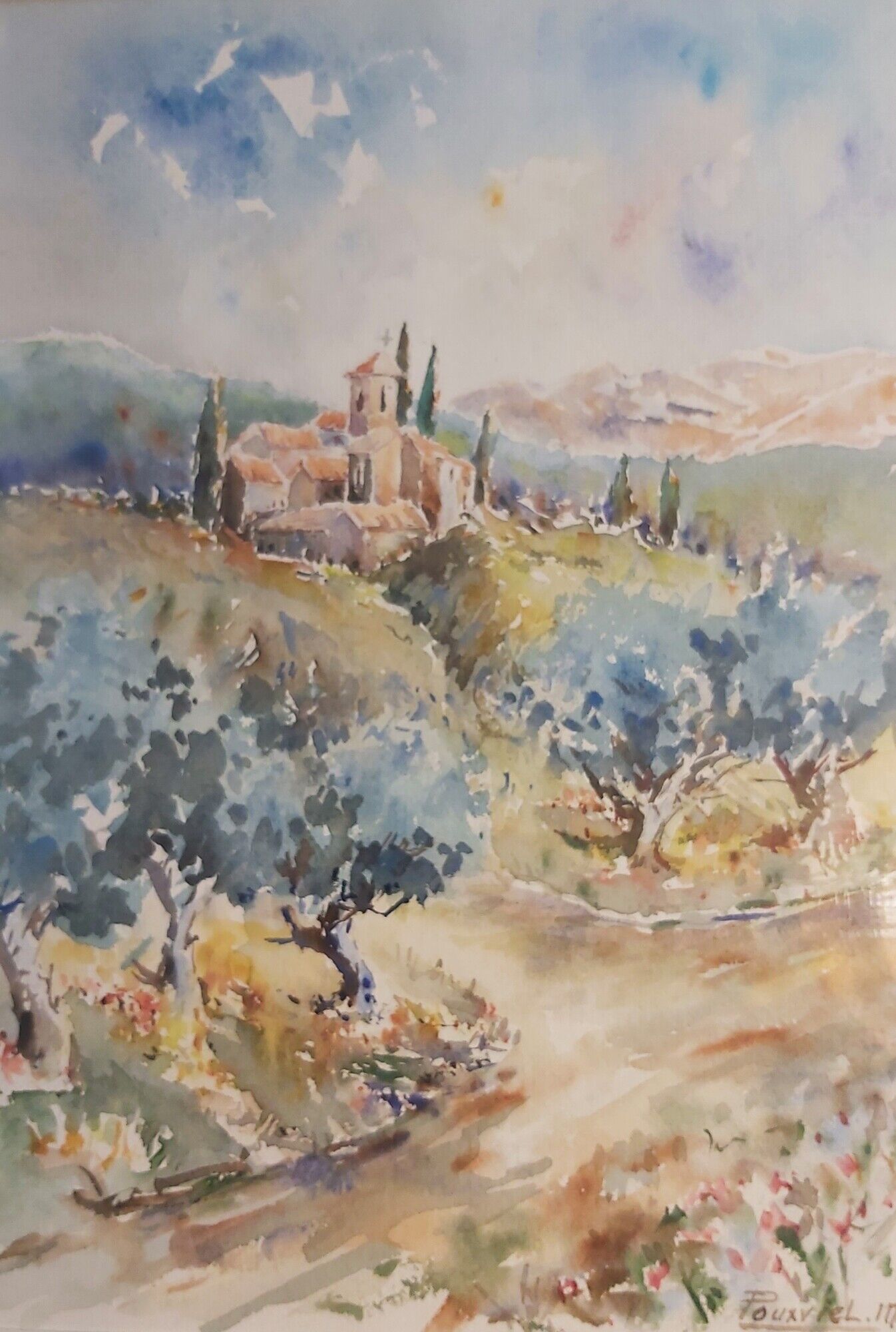 Watercolor framed under glass by Maurice Pouxviel - 1993