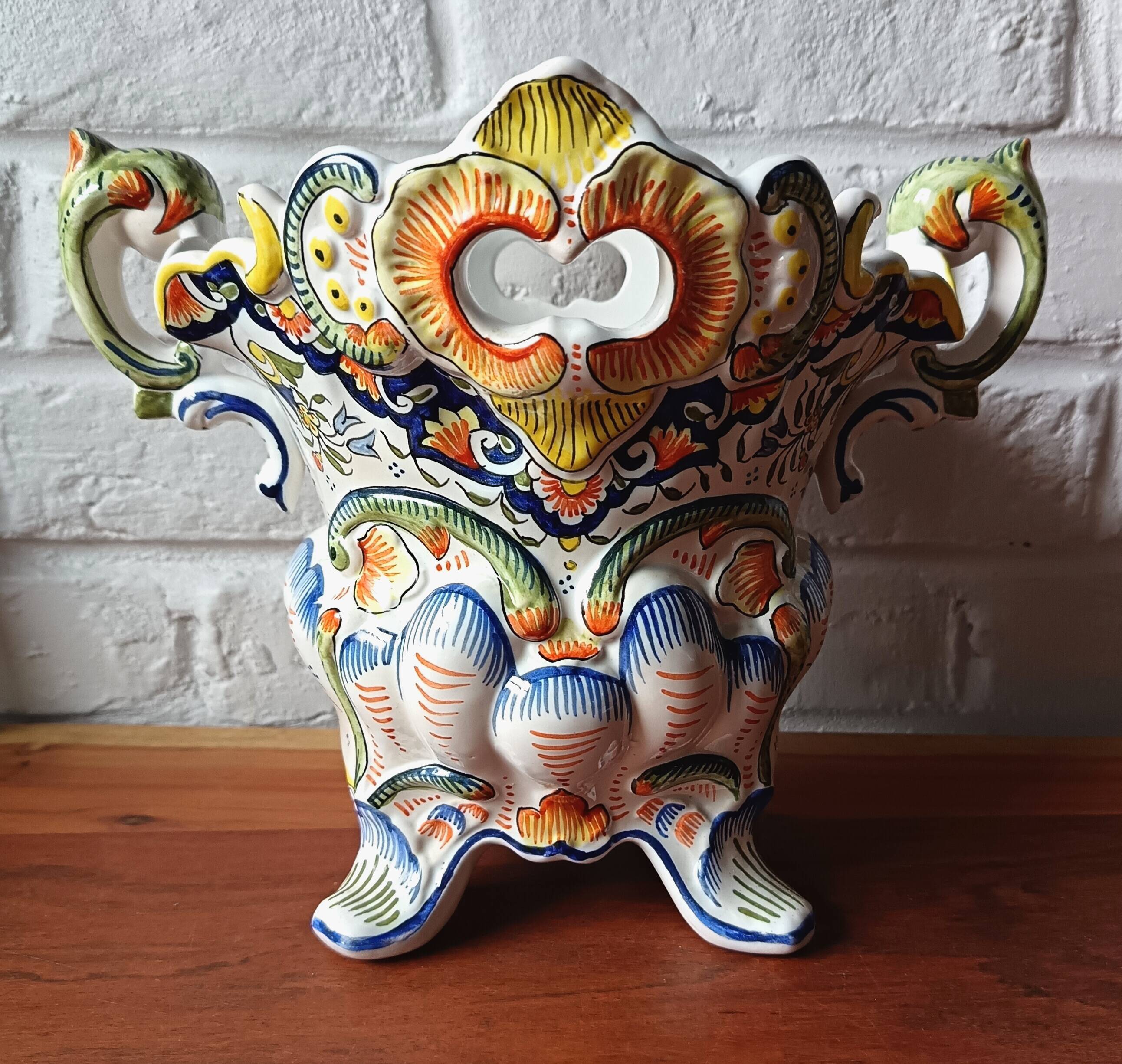 Vintage ceramic bouquet holder / cache-pot with old Rouen decoration.