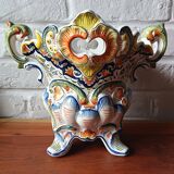 Vintage ceramic bouquet holder / cache-pot with old Rouen decoration.