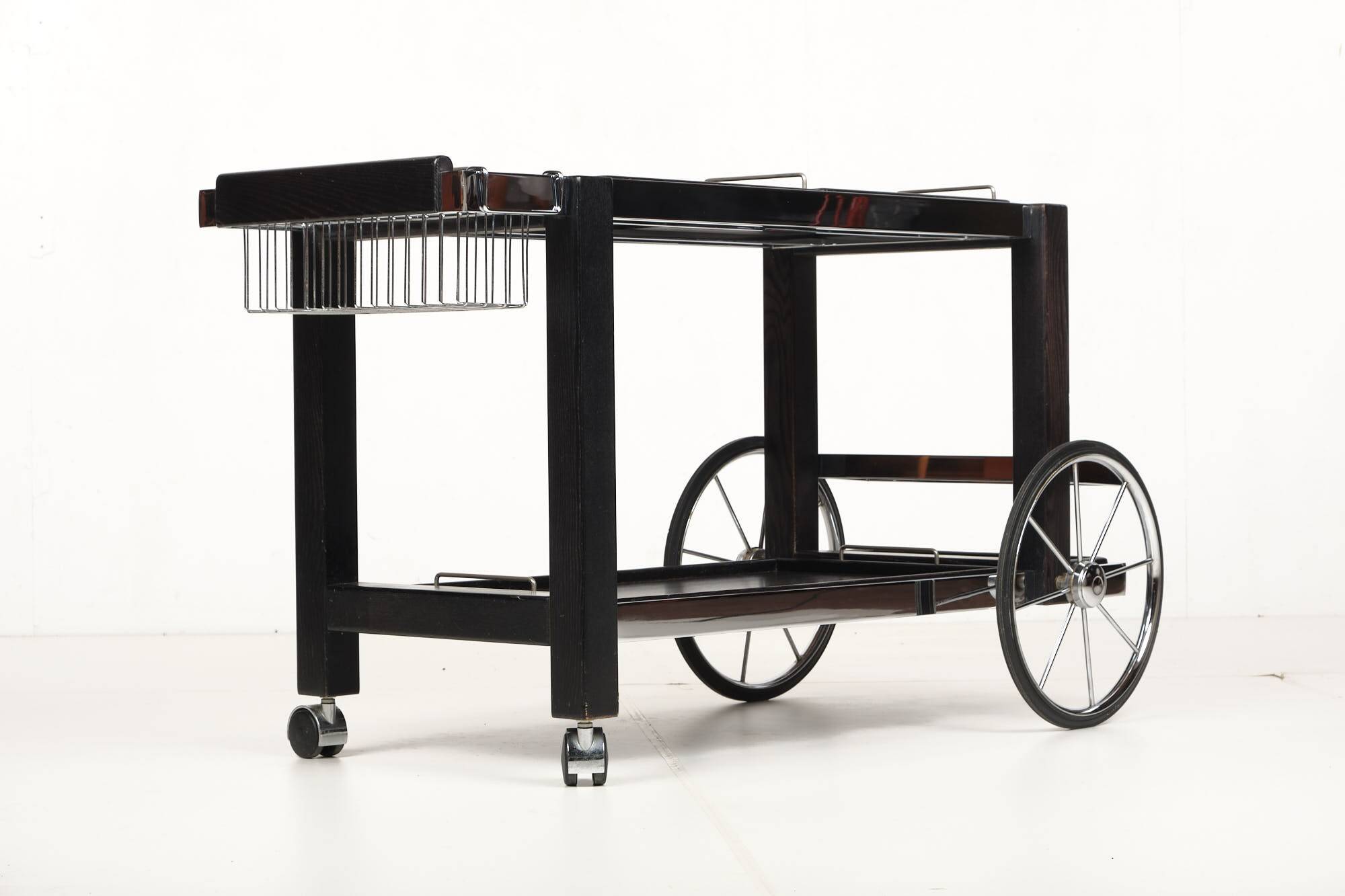 Tea trolley, black ash, chrome, vintage, modular, ca 1980