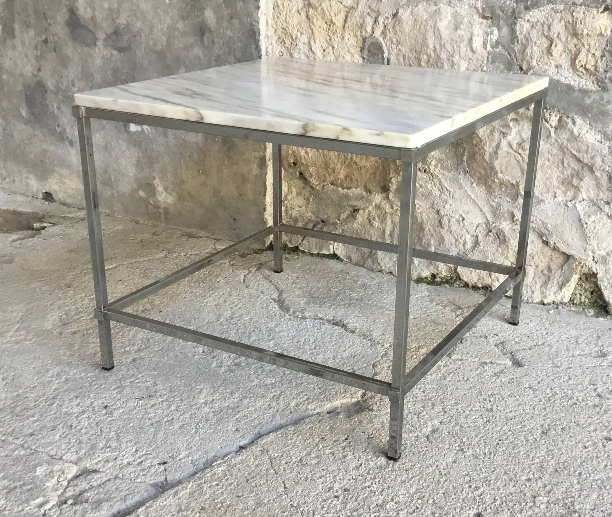 Square coffee table in marble and stainless steel - 1980s design