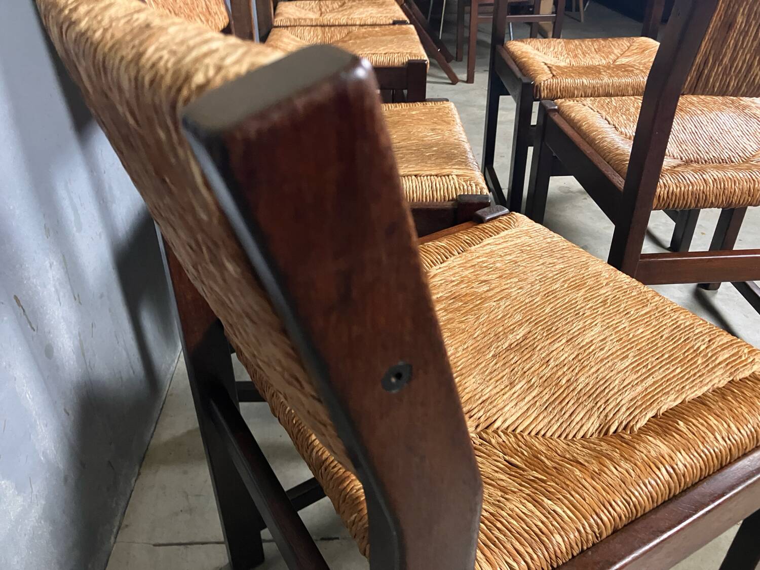 6 wooden vintage chairs dark wood rush