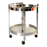 Vintage round dessert trolley in chrome steel, with two glass shelves.