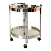 Vintage round dessert trolley in chrome steel, with two glass shelves.