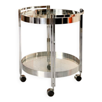 Vintage round dessert trolley in chrome steel, with two glass shelves.