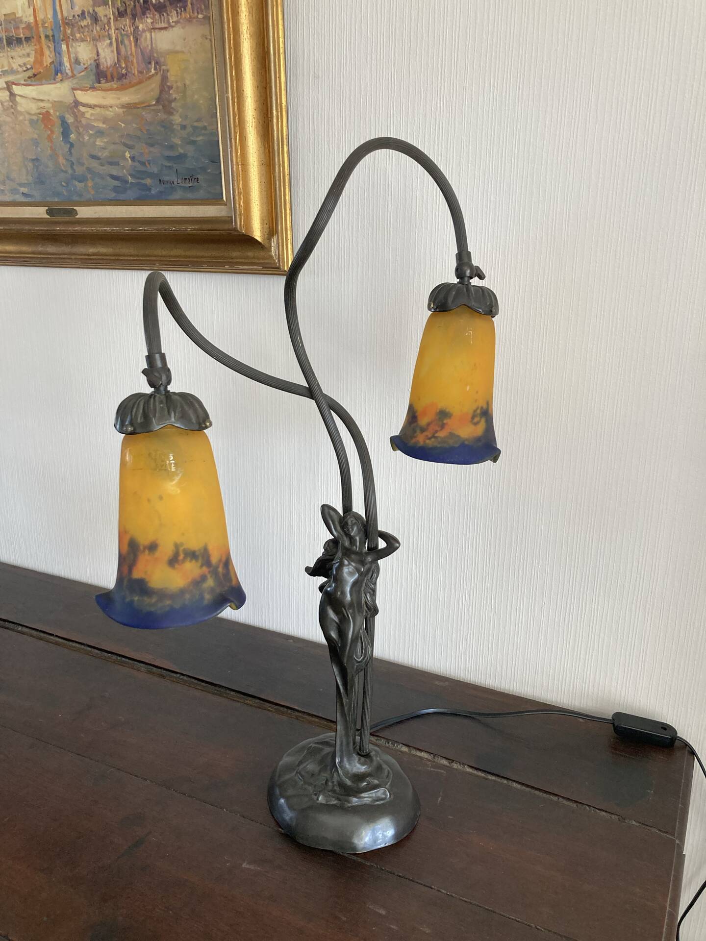 Lampe en bronze et verrerie Muller Frères Lunéville
